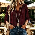 thumbnail image 5 of VBVC Women's Gingham V Neck Blouse, Ladies' 3/4 Sleeve Summer Tunic Top, Casual Loose Fit Checkered Shirt For Women, Wine , S-3XL, 5 of 7