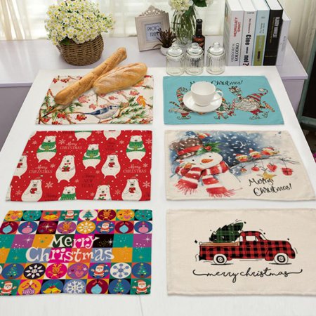

42x32cm Christmas Snowman Print Kitchen Placemat Linen Coaster Fabric Table Mats Napkins Simple Design Tableware Kitchen Tool