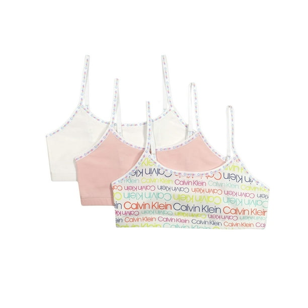 Calvin Klein Girls' Training Bra Cotton Bralette with Adjustable Straps, 3  Pack, White/Pink/Multi, Large 