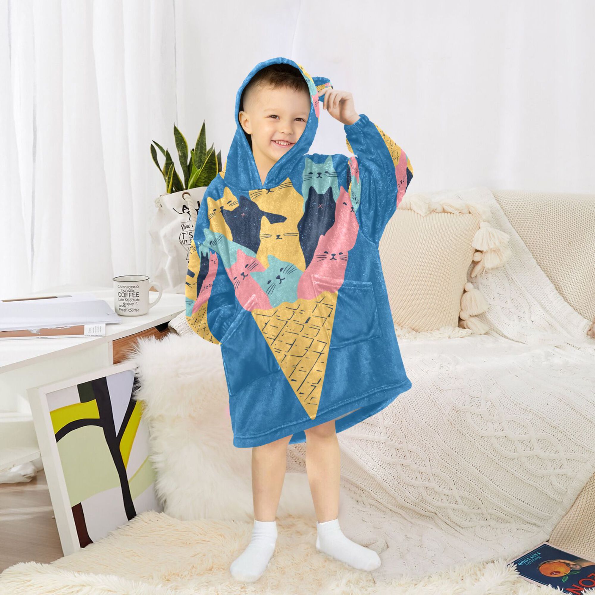 FORMRS Wearable Blanket Hoodie with Sleeves for Kids Cozy Flannel Sweatshirt, Colorful Ice Cream Cat