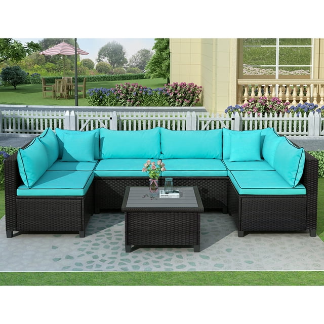 7 Piece Outdoor Patio Furniture Sofa Sets, Sectional Rattan Couch Set, All-Weather Wicker Deck Conversation Set with Coffee Table and Cushions, Bistro Set for Front Porch Garden Yard Poolside, K3248