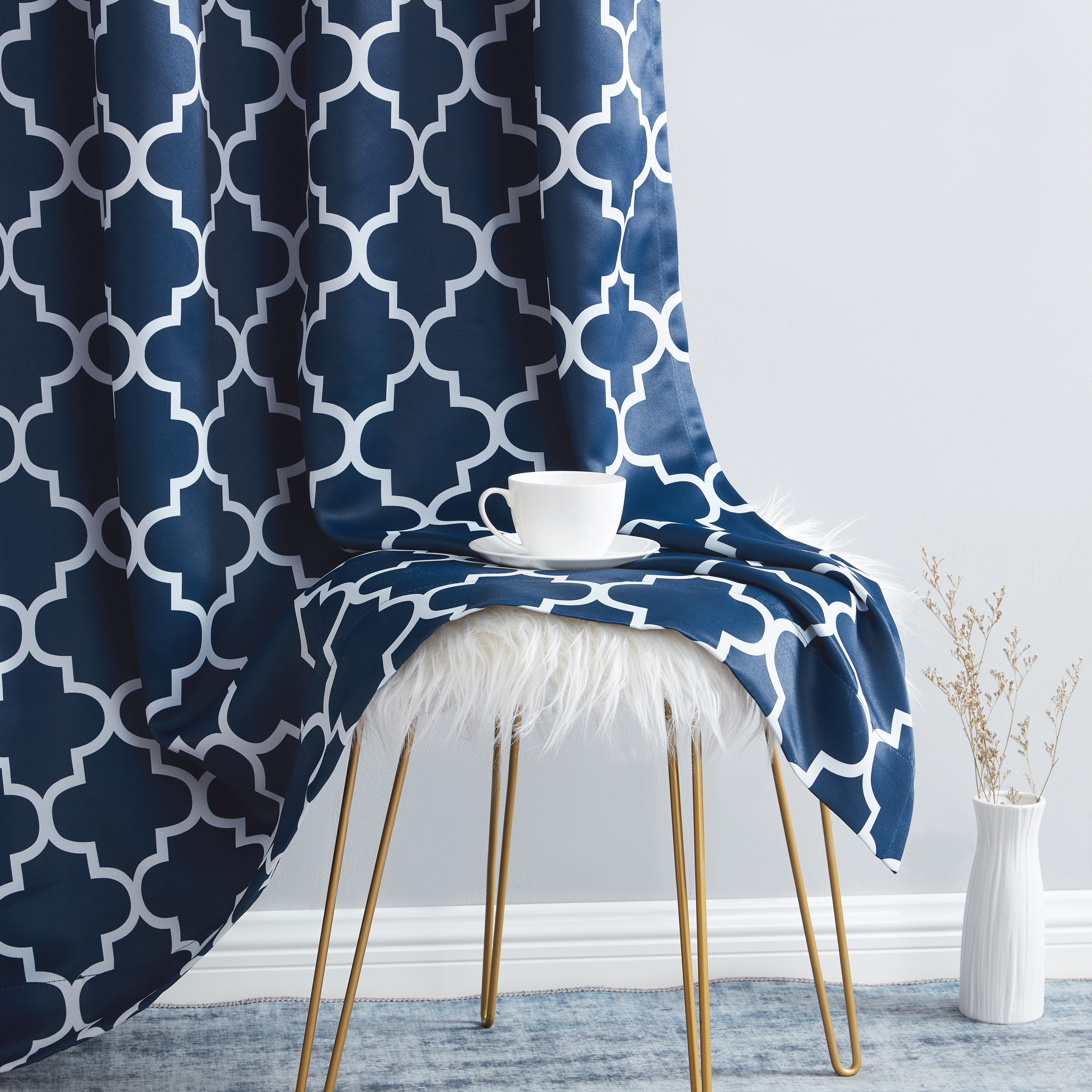 THD Moroccan Trellis Lattice Decorative Blackout Thermal Privacy Room Darkening Grommet Window Drapes Curtain Panels for Bedroom - Set of 2 (Navy Blue, 52 W x 54 L)