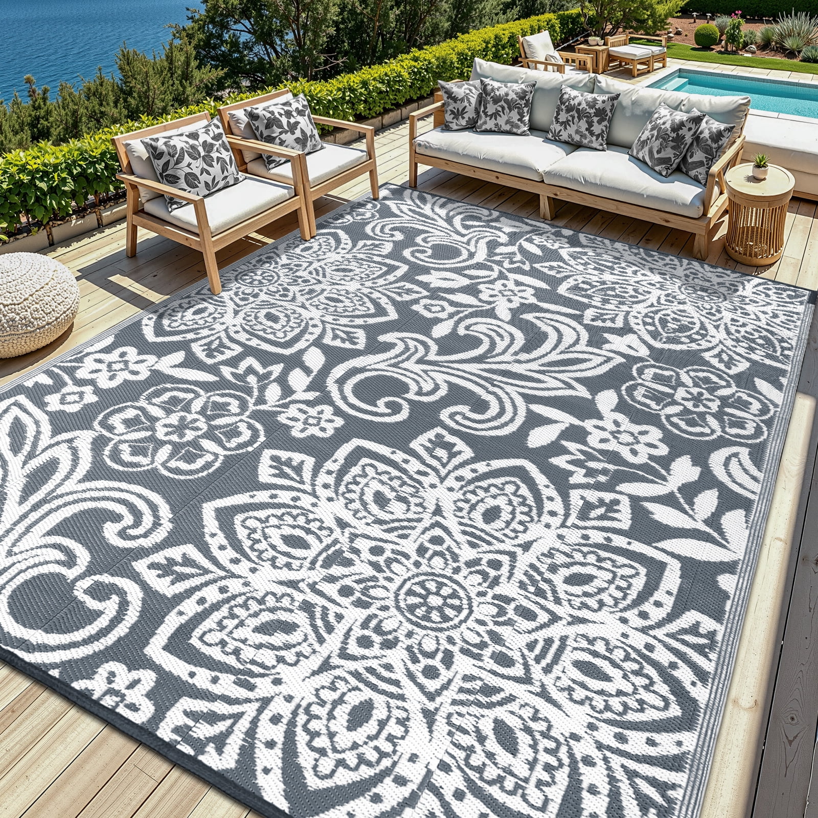 MJIAexp 9'x12' Gray Outdoor Rug Patio Rug Waterproof RV Outdoor Rug Camping Rugs Reversible Plastic Straw Rug Large Outdoor Mat for Camping, Balcony Apartment, Patio, Porch, Picnic, Beach