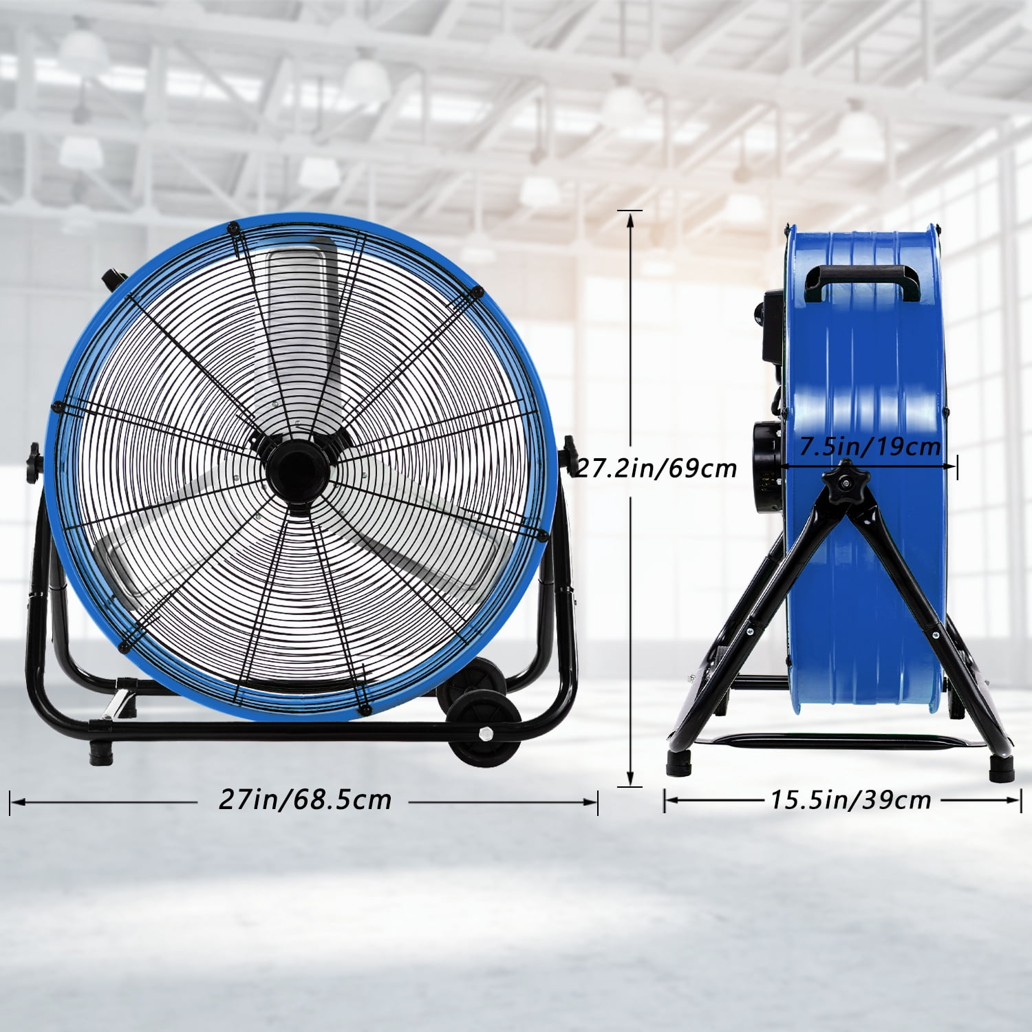 24"Industrial Fan High Velocity,Heavy Duty Drum Fan up to 8100CFM,3-Speed & 360°Adjustable,Ideal for Home, Garage, Indoor/Outdoor Use, Blue