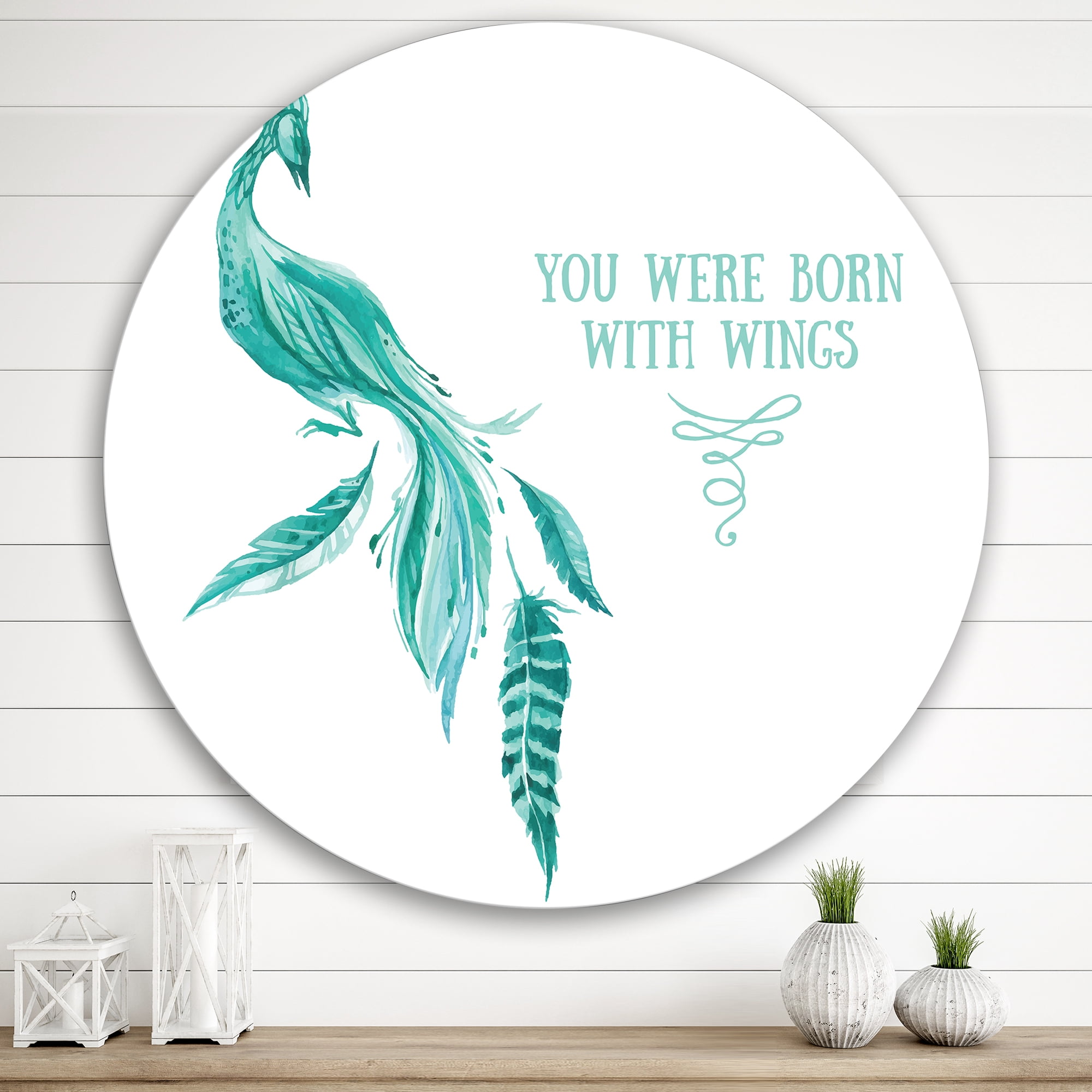 Designart 'Turquoise Bird You Were Born With Wings' Traditional Circle Metal Wall Art 36x36 - Disc of 36
