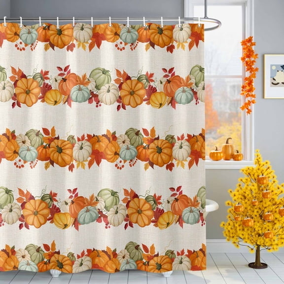 Thanksgiving Orange Pumpkin Shower Curtains for Bathroom, Sage Green Pumpkin Fall Leaf Waterproof Fabric Shower Curtain for Bathroom Bathtub Decoration, Machine Washable, 72"x72"