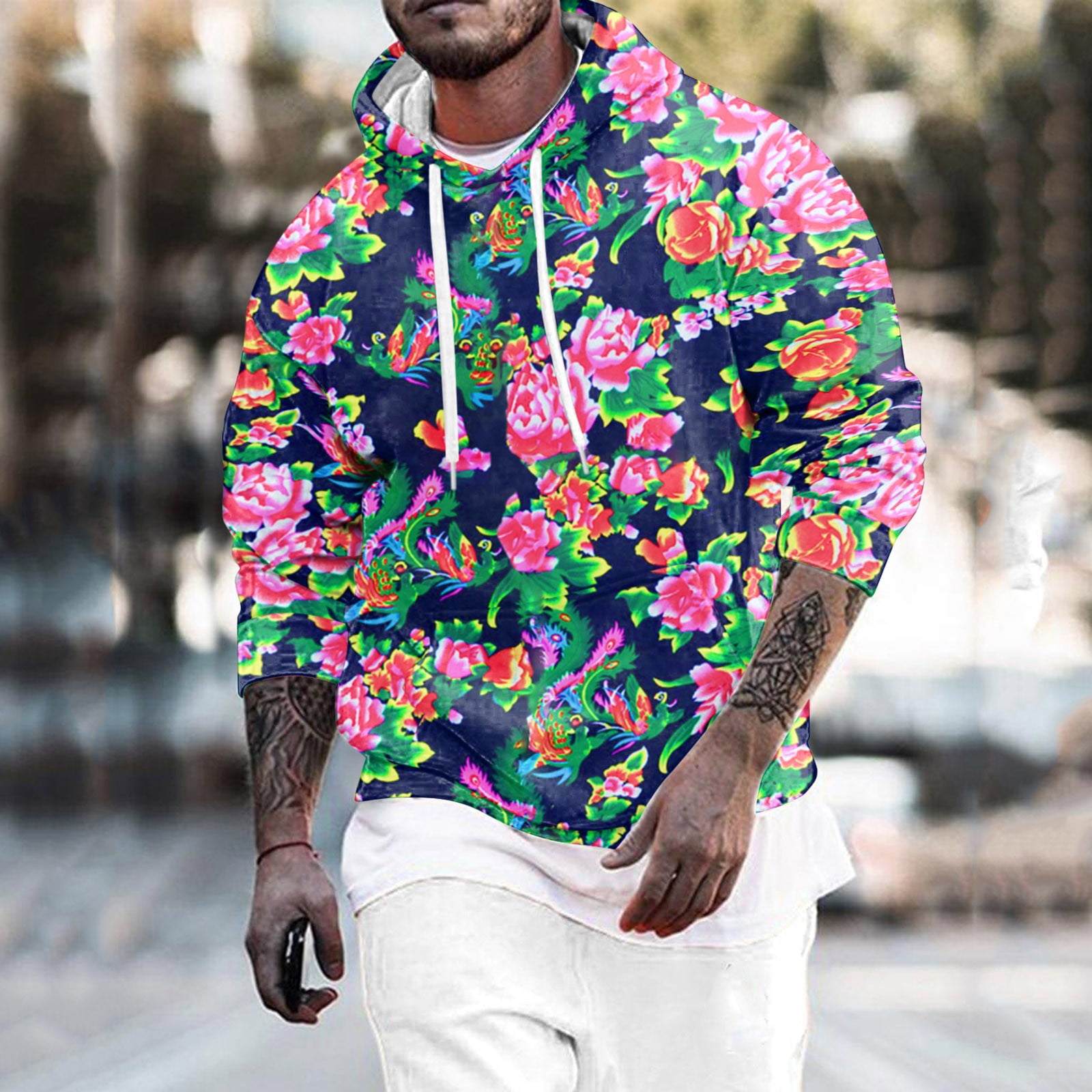 Wyzesi Blue Sweatshirts for Men Sexy Male Spring and Autumn Large Flower  All Print Long Sleeve Round Neck Hooded Floral Fashion Trend Bottoming  Sweatshirt - Walmart.ca