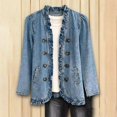thumbnail image 4 of Vxararl Women Fashion Washed Denim Jean Jacket Ruffle Trim Long Sleeve Button‑Front Casual Trendy Lightweight Fall Outerwear with Hand Pockets for Women Blue L, 4 of 5