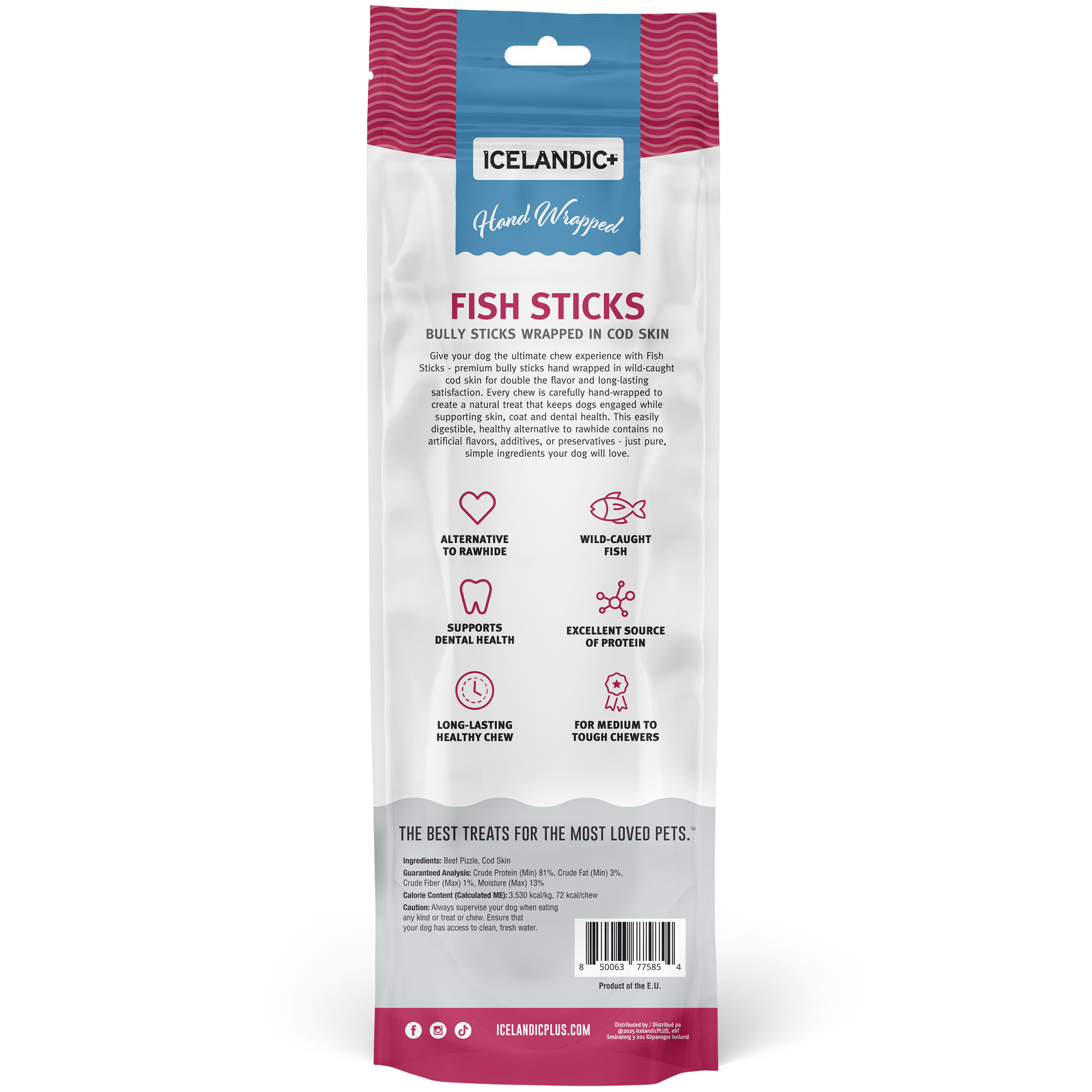 Icelandic+ Fish Sticks - Bully Stick Wrapped In Cod Skin - 3 Pack, 12" - Dog Treats, 2 Ingredient Chews, Hand-Wrapped Wild-Caught Fish, Pet Snacks