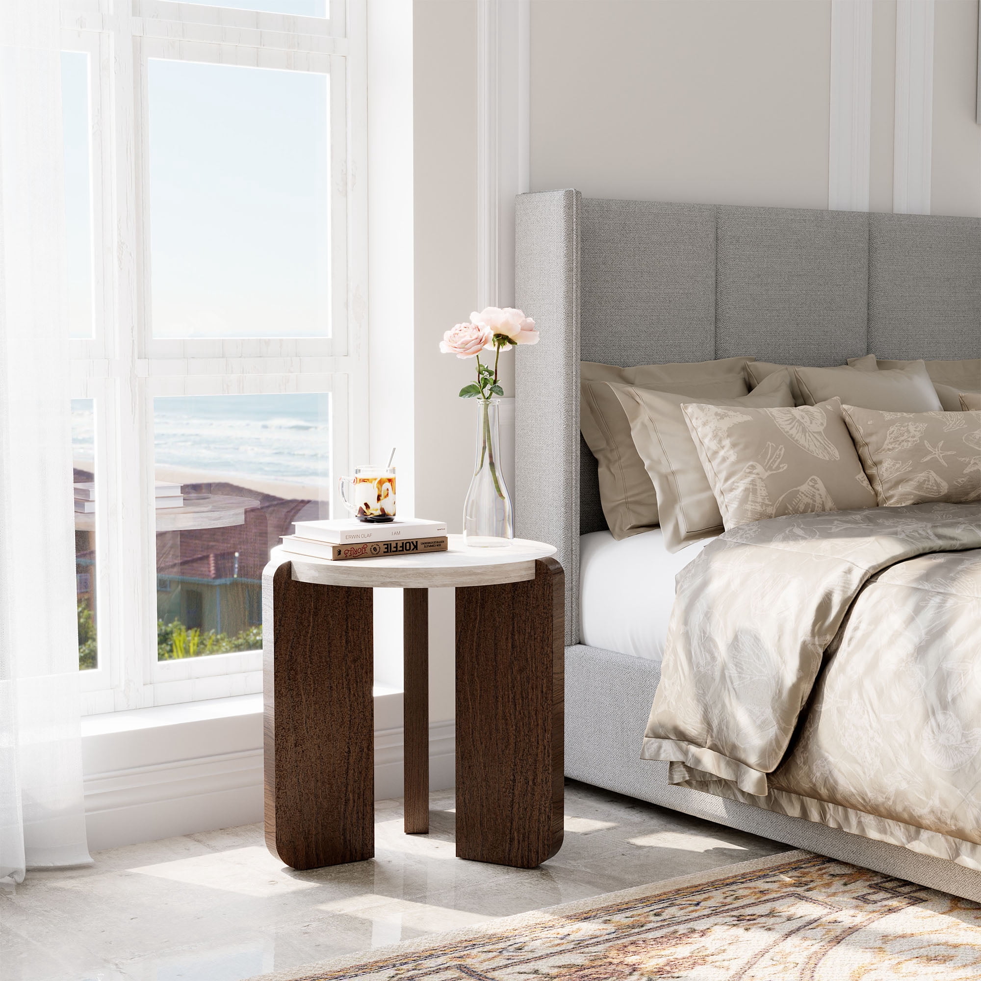 FOROUTIA Small Round Side Table with 3 Walnut Legs ,Morden Faux Marble Top Design