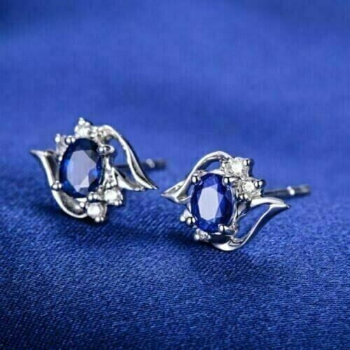 Divine Creation 1.20 Ct Oval Cut Blue Sapphire Push Back Stud Earring's 14K White Gold Plated 925 Sterling Silver For Women's