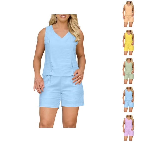 Short Sets for Women Summer Linen Sleeveless V Neck Tank Top and Shorts 2 Piece Matching Set Womens Lounge Set