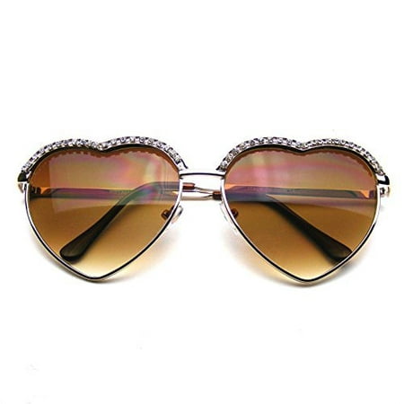 Emblem Eyewear - Cute Chic Heart Shape Glam Rhinestone Aviator Sunglasses