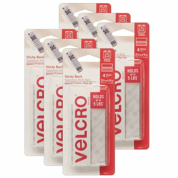 VELCRO Sticky Back Strips, 3/4" x 3-1/2", White, 4 Per Pack, 6 Packs