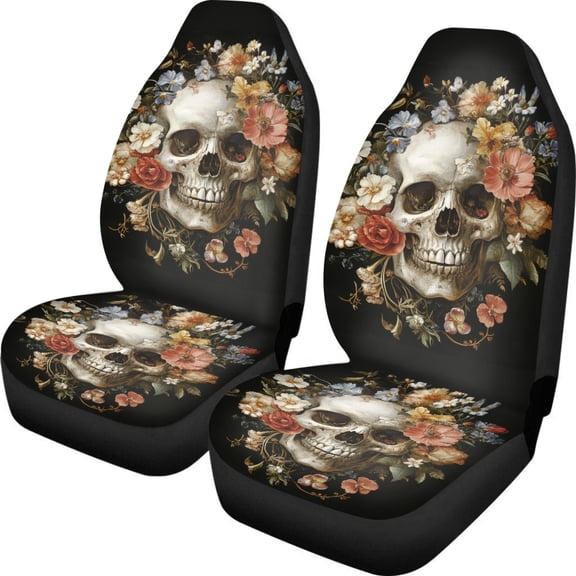 POLERO Elastic Vehicle Seat Covers for SUV, High Back Comfy Front Seat Cover Polyester 2 Pieces, Floral Skull Print