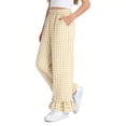 thumbnail image 4 of dazeni Girls Gingham Pants Kids Casual Elastic High Waist Plaid Trousers Soft Ruffle Hem Wide Leg Pants with Pockets Khaki 9-10 Years, 4 of 7