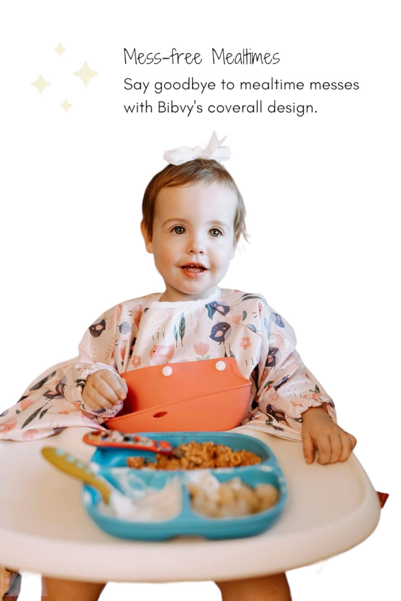 Bibvy Mess Proof Baby Bibs, Toddler Feeding, Silicone Catcher, Chair Attaching, Waterproof, 6-36 Mos