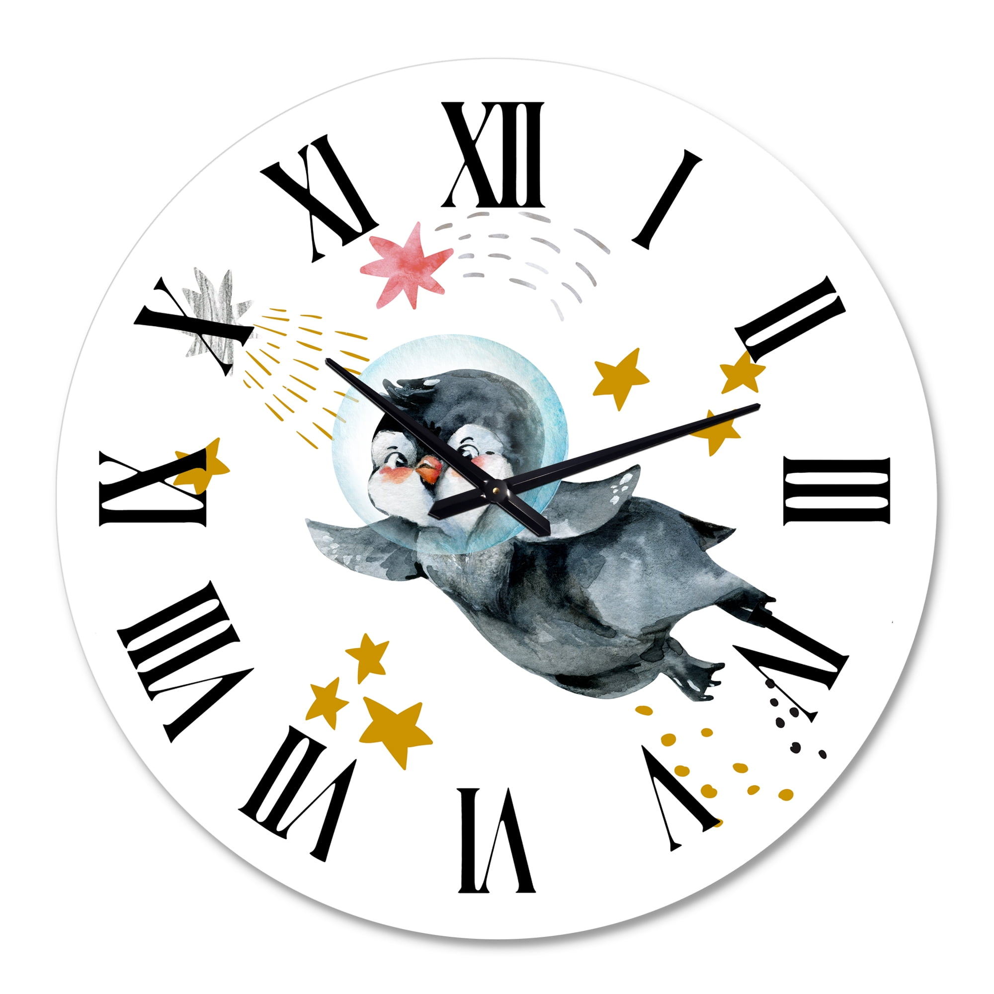 Designart 'Little Penguin Flying Stars And Planets I' Farmhouse Wall Clock