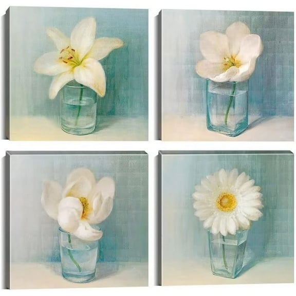 4PCS White Flower Canvas Wall Art Blue Wall Decor for Home Living Room Office Decoration Modern Floral Artwork Lily Daisy Vase Picture Giclee Print Framed Teal Art Vintage (16x16inchx4)