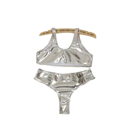 

Push Up Silver Golden Swimwear Polyester Fabric Summer Bathing Suit Shiny Bra Bandeau Beachwear Bathing Suits Silver XL Split