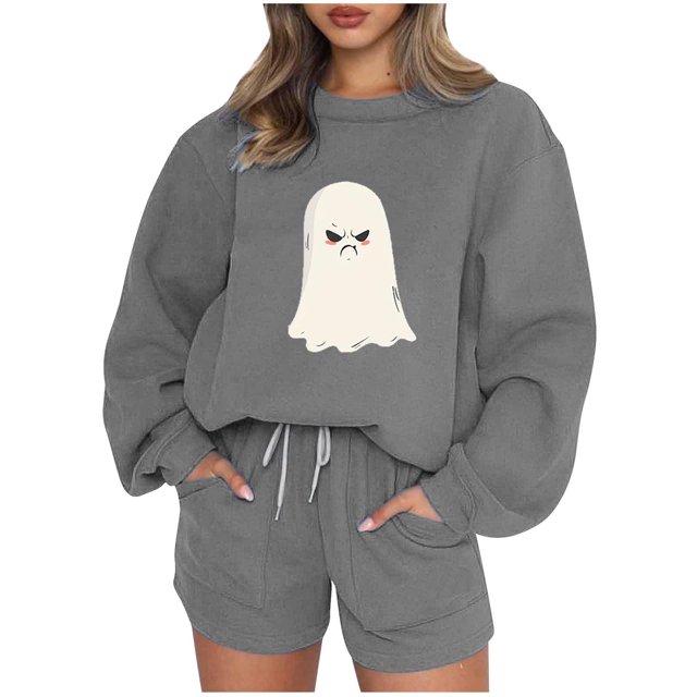 Puntoco Conjunto De Sudadera Y Pantalones Con Cuello Redondo Y Manga Larga Con Estampado De Halloween Para Mujer, Gris Oscuro M