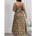 thumbnail image 2 of OYOANGLE Women's Plus Size Off Shoulder Leopard Print Long Dress Belted Thigh Split Wrap V Neck Dresses Brown 1XL, 2 of 5