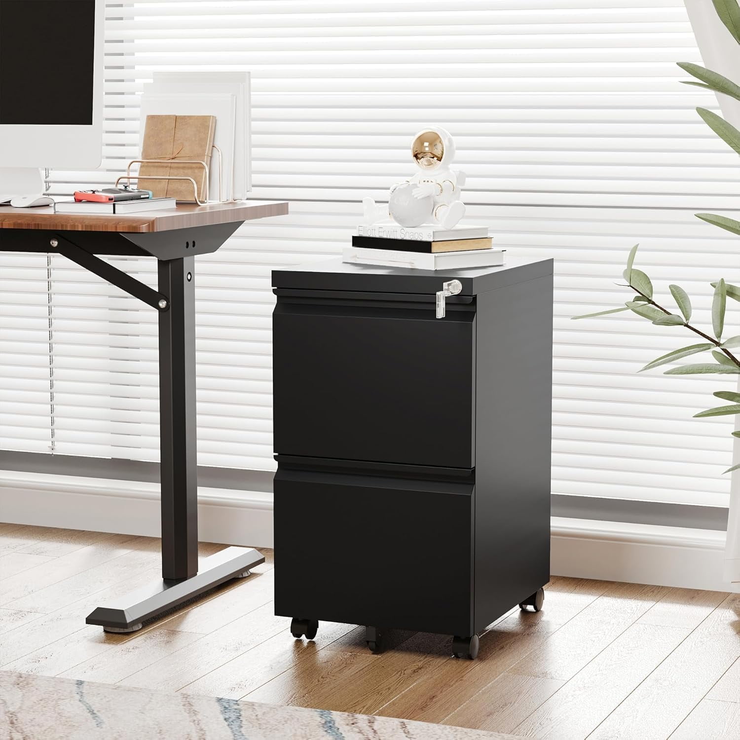 2 Drawer Mobile File Cabinet with Lock, Under Desk Metal Rolling Filing Cabinets for Home Office Organizer Letters/Legal/A4 (Black- Requires Installation)