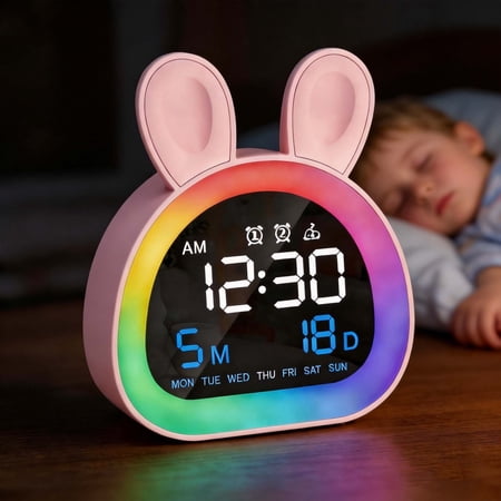 Kids Alarm Clock with Night Light, Cute Sleep Training Clock for Girls Boys, RGB Night Light, Adjustable Volume Brightness, Voice Control, Snooze, Perfect Bedroom Alarm Clock for Kids, White Rabbit