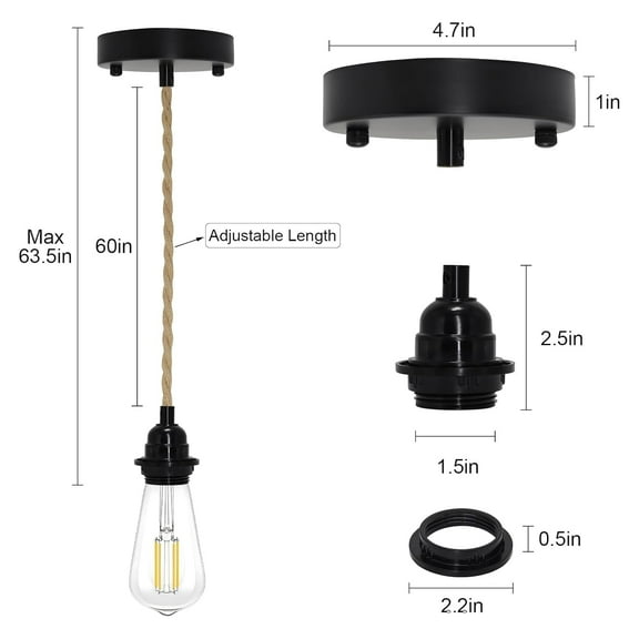 TRA-Hemp Rope Pendant Light Kit, Boho Pendant Light Fixture UL Lamp Holder E26 Lamp Socket, Vintage Ceiling Light Adjustable Hanging Light Kit for Kitchen Farmhouse