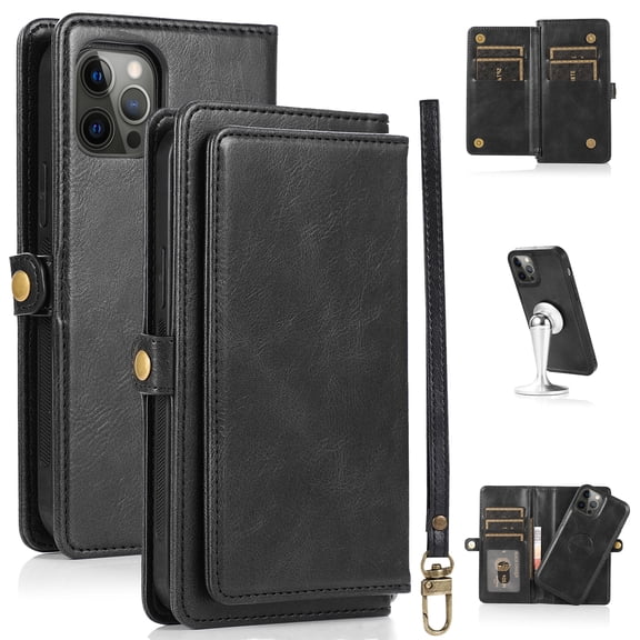 JTCASES for iPhone 13 Pro Max Wallet Case, Detachable Back Magnetic Closure 2-in-1 Shockproof Purse Cover with Card Slots, Faux PU Leather Flip Stand Wristlet Strap Shockproof Cover, Black