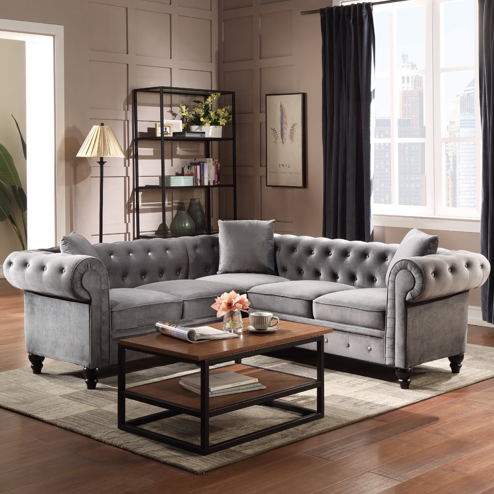 Velvet Tufted Sofa for Living Room, UHOMEPRO Mid Century L Shape