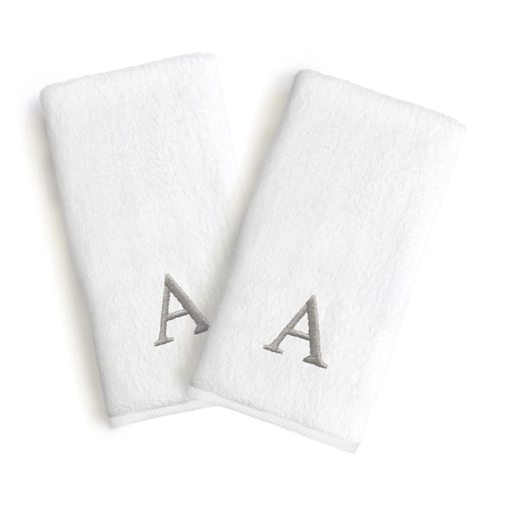 Authentic Hotel and Spa  2-piece White Turkish Cotton Hand Towels with Grey Block Monogrammed Initial White/H