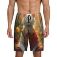 thumbnail image 1 of Balery Sunshine Flower Meditating Cat Pantalones cortos de pijama de punto de algodón para hombre con cinturilla y bolsillos-X-Large, 1 of 6