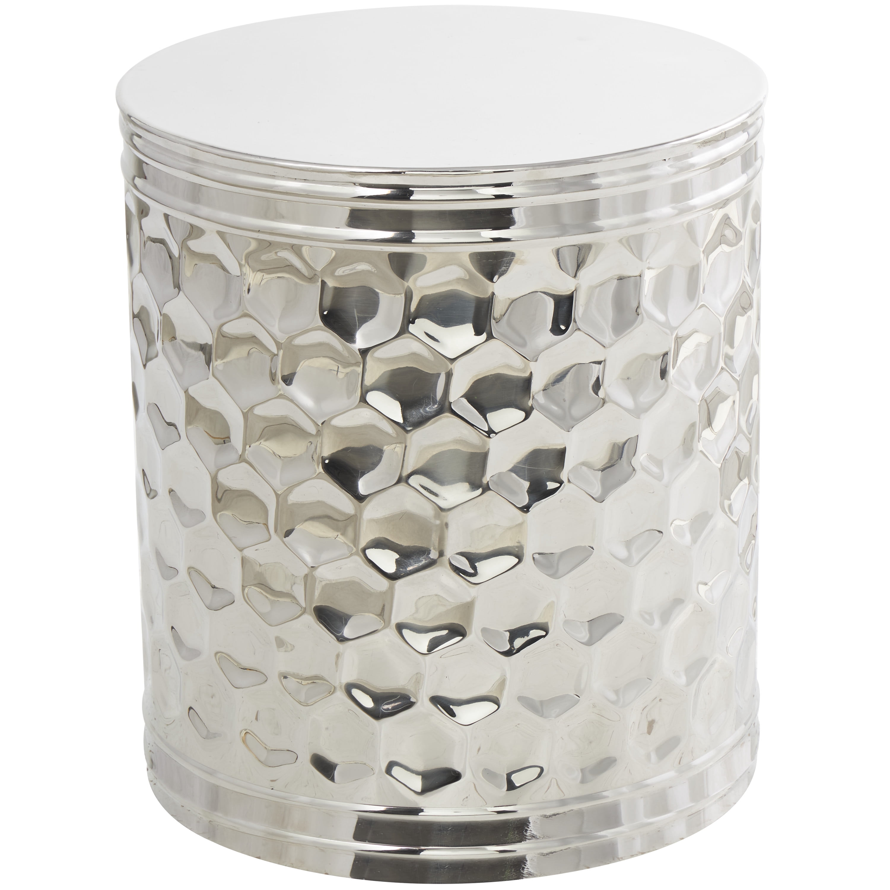 DecMode 16" x 18" Silver Stainless Steel Drum Geometric Accent Table with Hexagon Patterned Exterior, 1-Piece