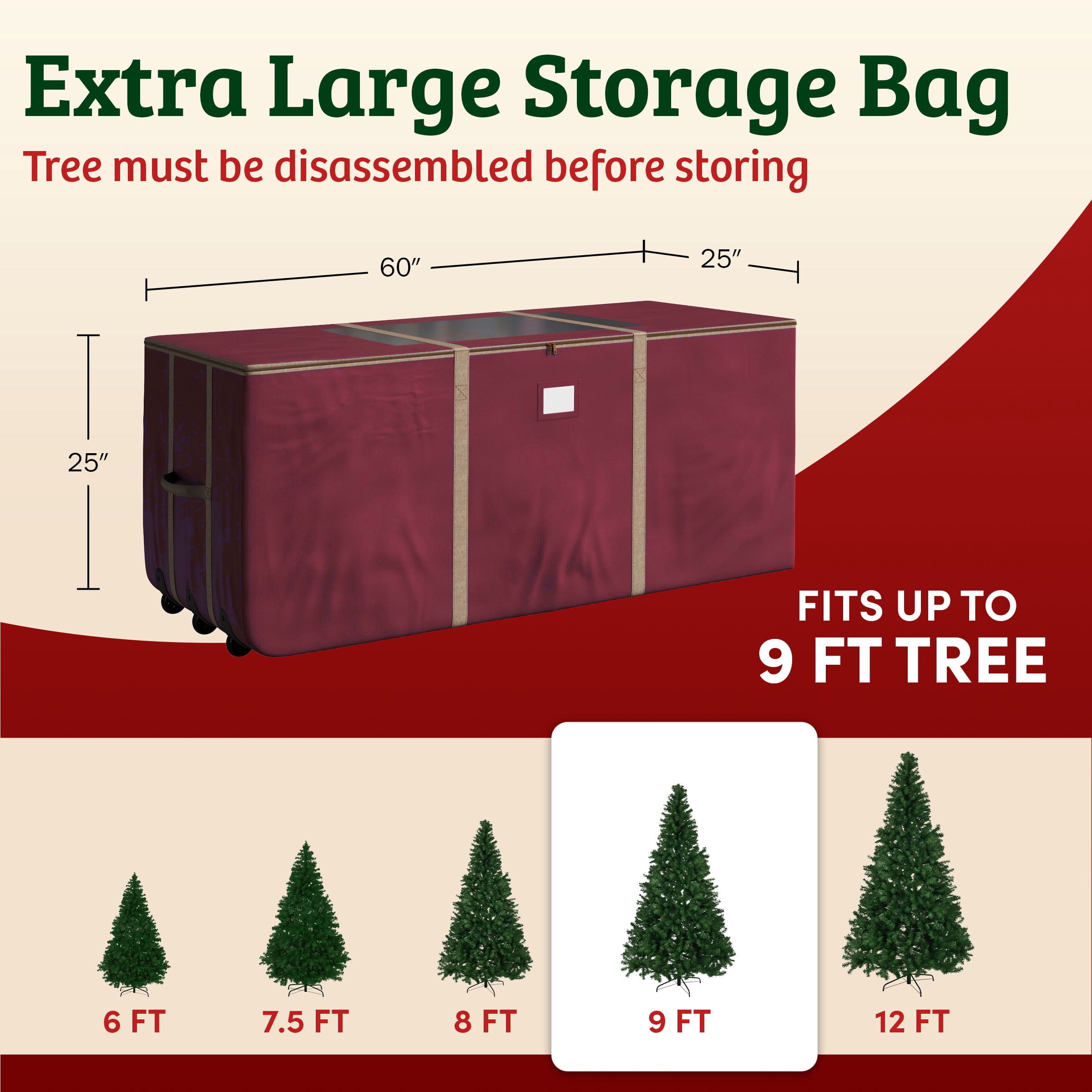 Elf Stor Red Rolling Christmas Tree Storage Duffel Bag w/Window for 9 Ft Tree