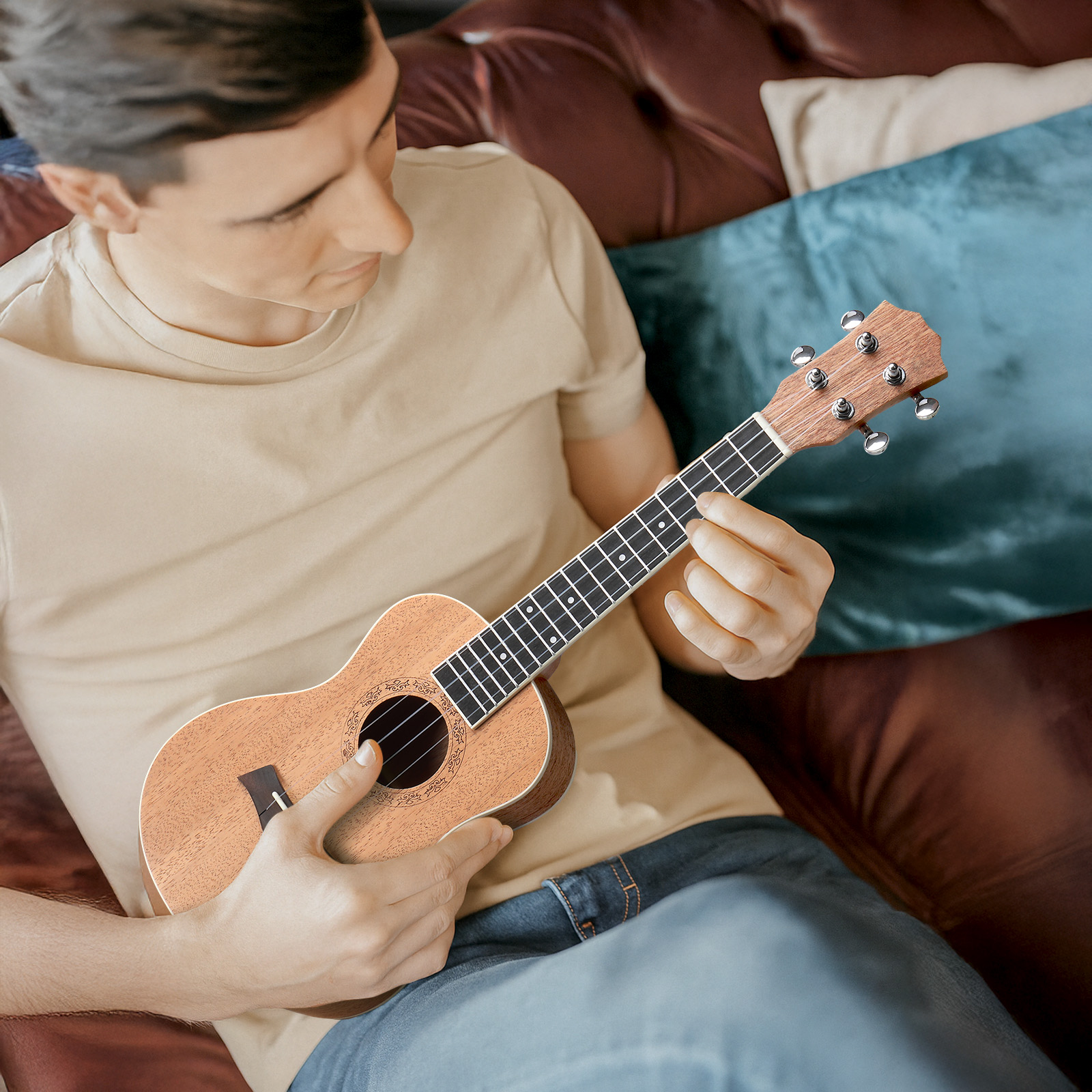 23-inch Ukulele, Mahogany Body 16-Fret 4-String Instrument with Complete Accessory Kit