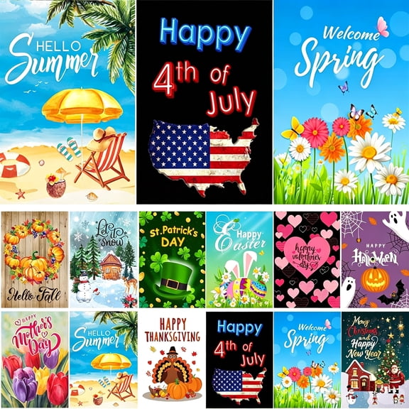 AUQ Seasonal Garden Flag Set of 12 Double Sided 12 X 18 Inch Yard Flag, Small Garden Flags for Outside, Christmas Spring Seasonal Flag for Outdoor Holiday Decorations