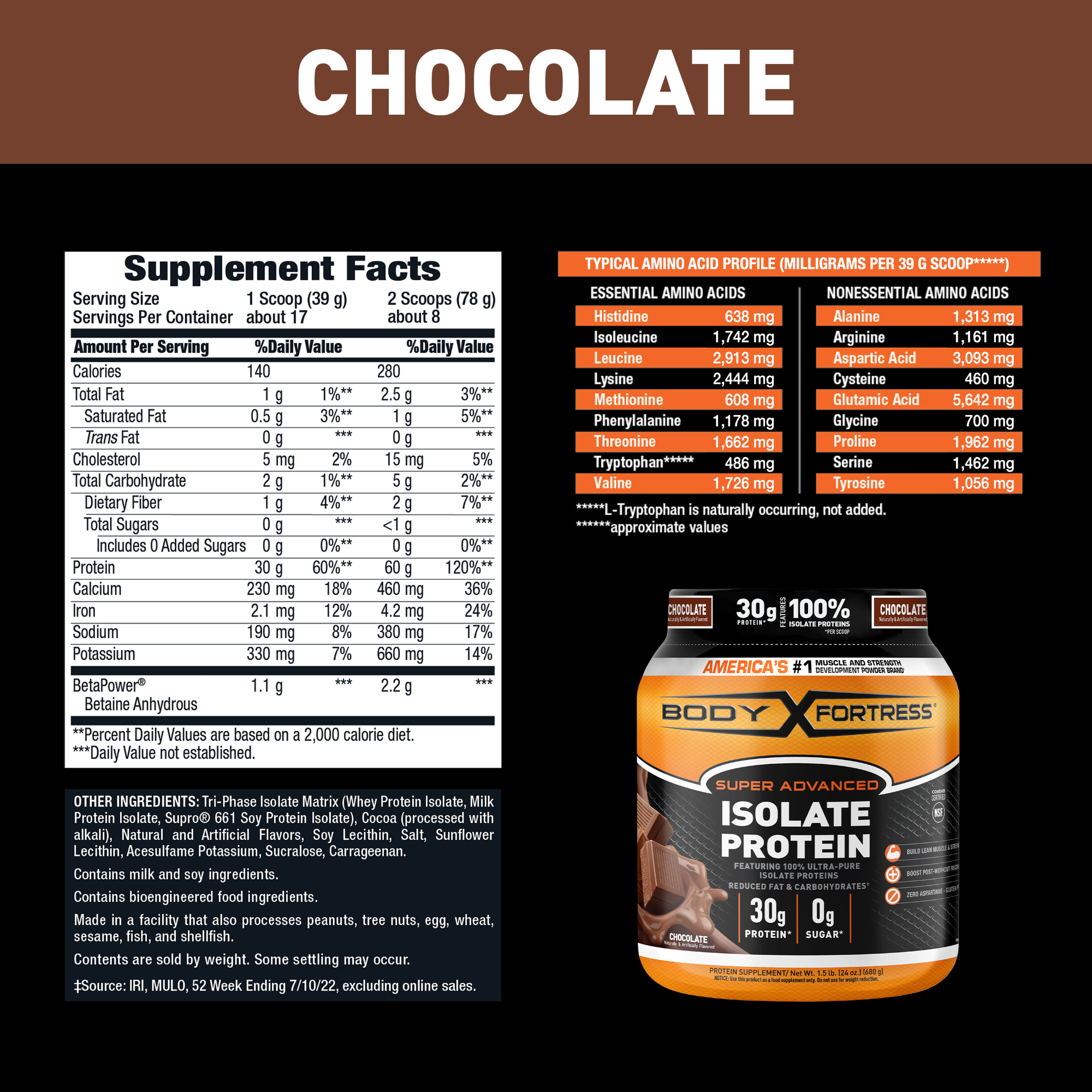 Body Fortress Isolate Powder, 30g Protein per scoop, Chocolate, 1.5 lbs (Packaging May Vary) - image 2 of 6