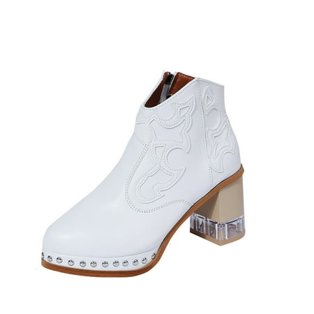 

KBKYBUYZ Embroidered Thick Heel Women s Boots With Side Zipper Short