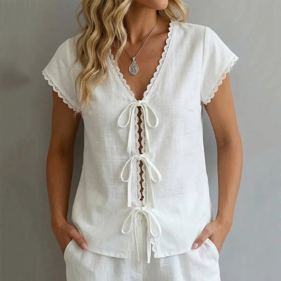 Uootdi Women's Blouses V Neck Short Sleeve Tie Front Floral Embroidered Linen Blend Casual Tops Summer Picnic Style Lightweight Breathable Loose Fit Shirts Gift