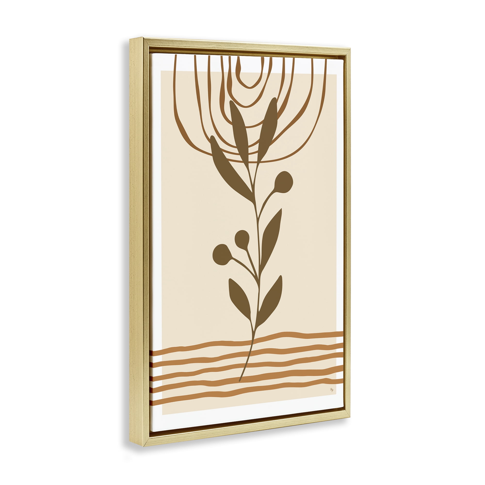 Stupell Industries Bohemian Plant Sprig Botanical & Floral Painting Gold Floater Framed Canvas Art Print Wall Art, 21 x 31