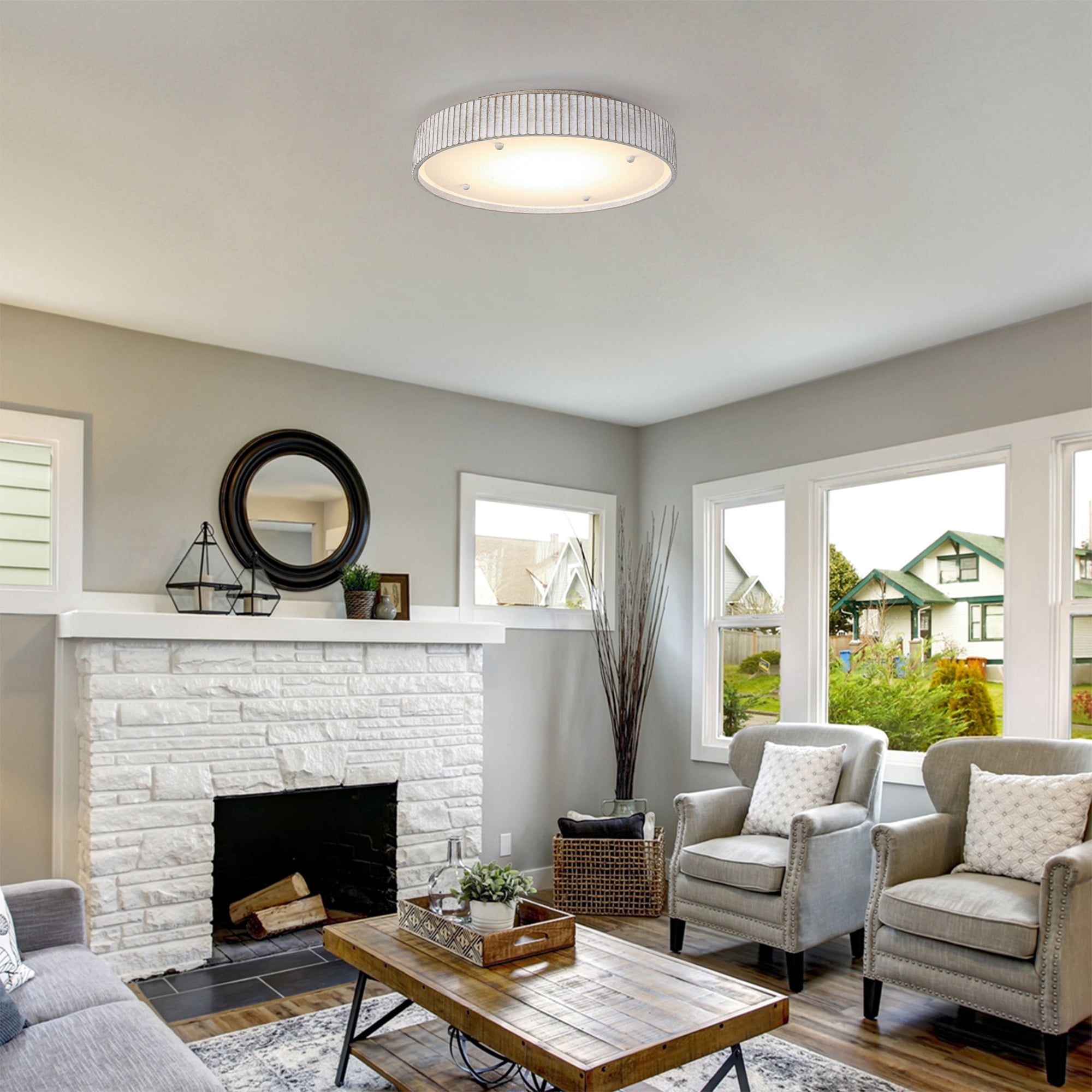 18" Dstressed White Drum Flush Mount LED Ceiling Light, 3CCT for Hallway Bathroom Kitchen or Stairwell