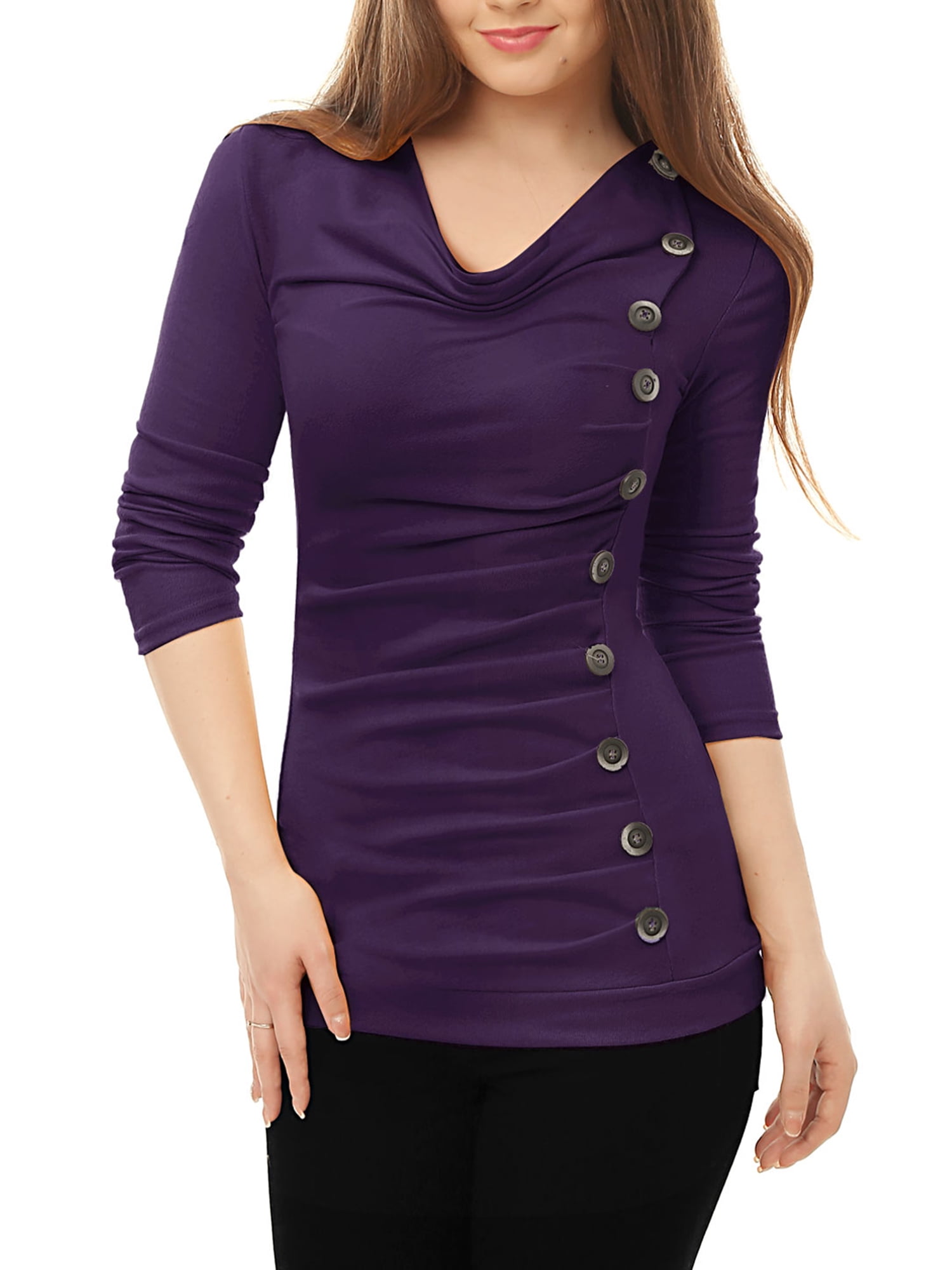 DARING DIVA Women's Cowl Neck Side Ruched Tunic Top XS Purple