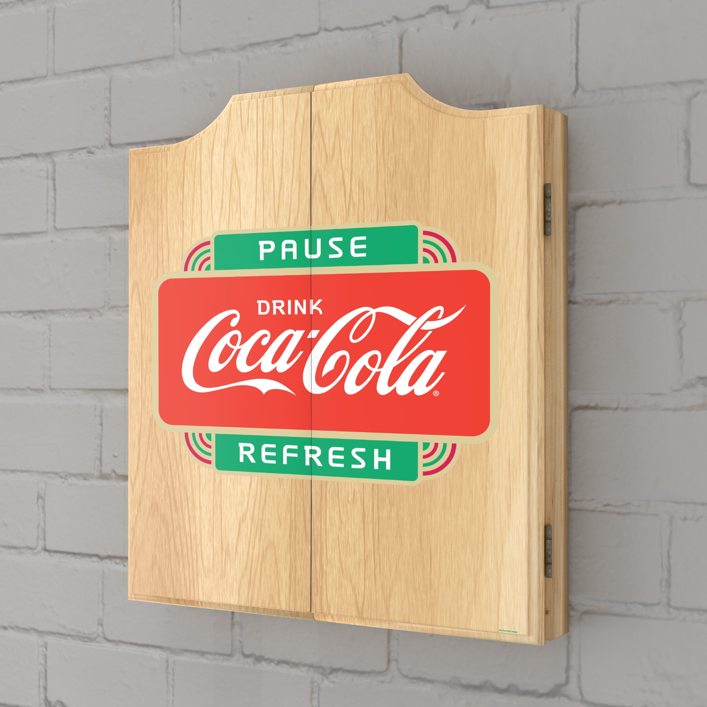 Coca-Cola Pause Refresh Dart Board Cabinet Set with 6 Steel Tip Darts