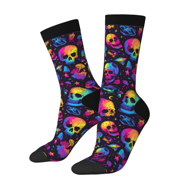 Fotbe mushroom rainbow color Skull Calcetas Largas con Estampado para Hombre y Mujer – Calcetas de Compresión Transpirables y Elásticas, Viajar y Uso Diario Talla 5-11