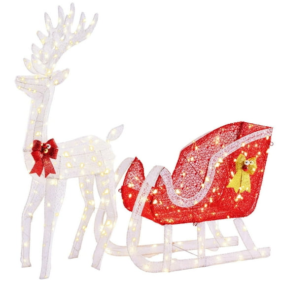 CONCETTA 4ft Lighted Christmas Reindeer & Sleigh Yard Decoration, Outdoor Holiday Lighted Display w/ 180 LED Lights, White Red