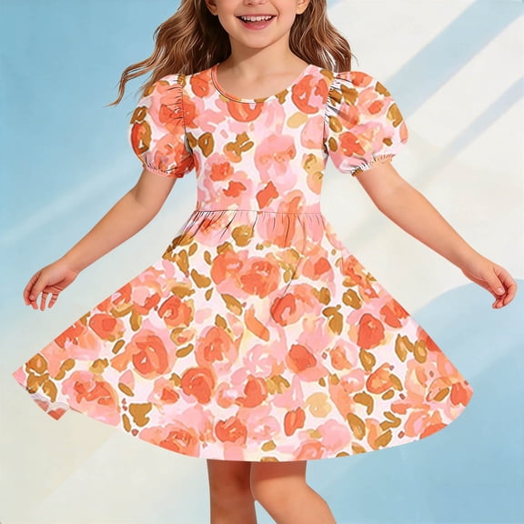 Amidoa Girl Dresses A-Line Skater Twirl Short Sleeve Dress Summer Casual Sundress for Kids Orange Size 9