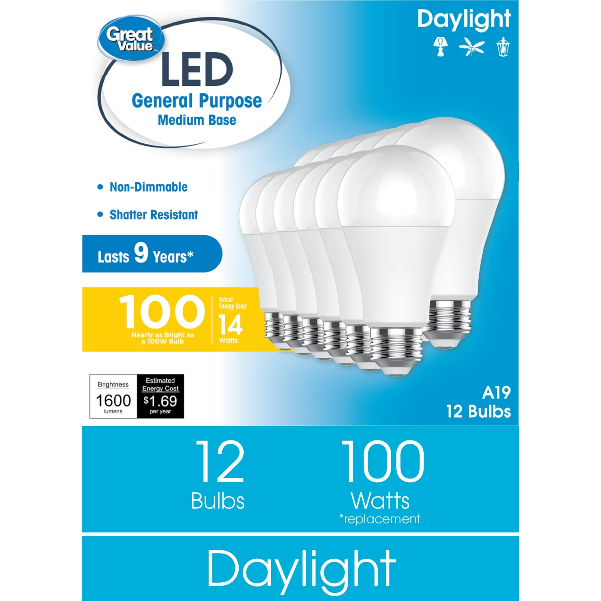 Great Value LED Light Bulbs, 100 Watt Replacement, Daylight, A19 General Purpose, 12 Pack