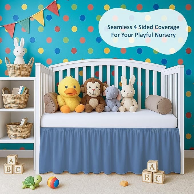 1 Piece 100% Egyptian Cotton 800 Thread Count Crib Ruffle Bed Skirts for Baby Girls (28” x 52” x 14") Inch Crib Ruffle Bed Skirts - Medium Blue Solid