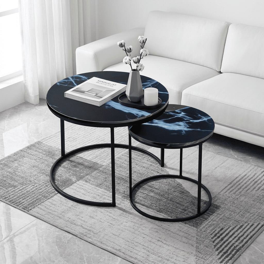Nesting Coffee Table Set of 2 Round Faux Marble Accent End Tables with Sturdy Metal Frame for Living Room Bedroom Small Spaces Space-Saving Modern Design